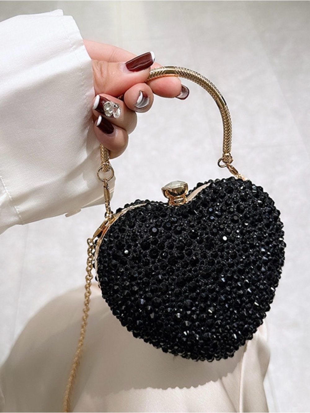 Black Crystal Heart Clutch Purse Gold Handle Formal Evening Bag Womens NEW - Picture 11 of 13